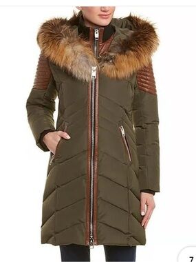 Nicole Benisti Cortina Fox Fur Faux Leather Trim Down Feather Jacket. Size M
